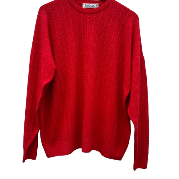 Vintage Burberry Made in England 100% Pure Wool Cableknit Crewneck Cardigan Red - Picture 1 of 10